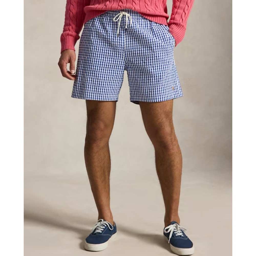 Trunks Surf & Swim Co Mens Navy Gingham Seersucker Swim Trunks Medium Blue White